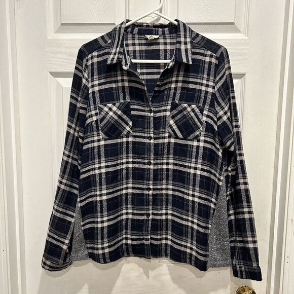 Hem‎ & Thread Womens Button Up Blue Plaid Long Sleeve Top Large Grey Contrast - Picture 1 of 7